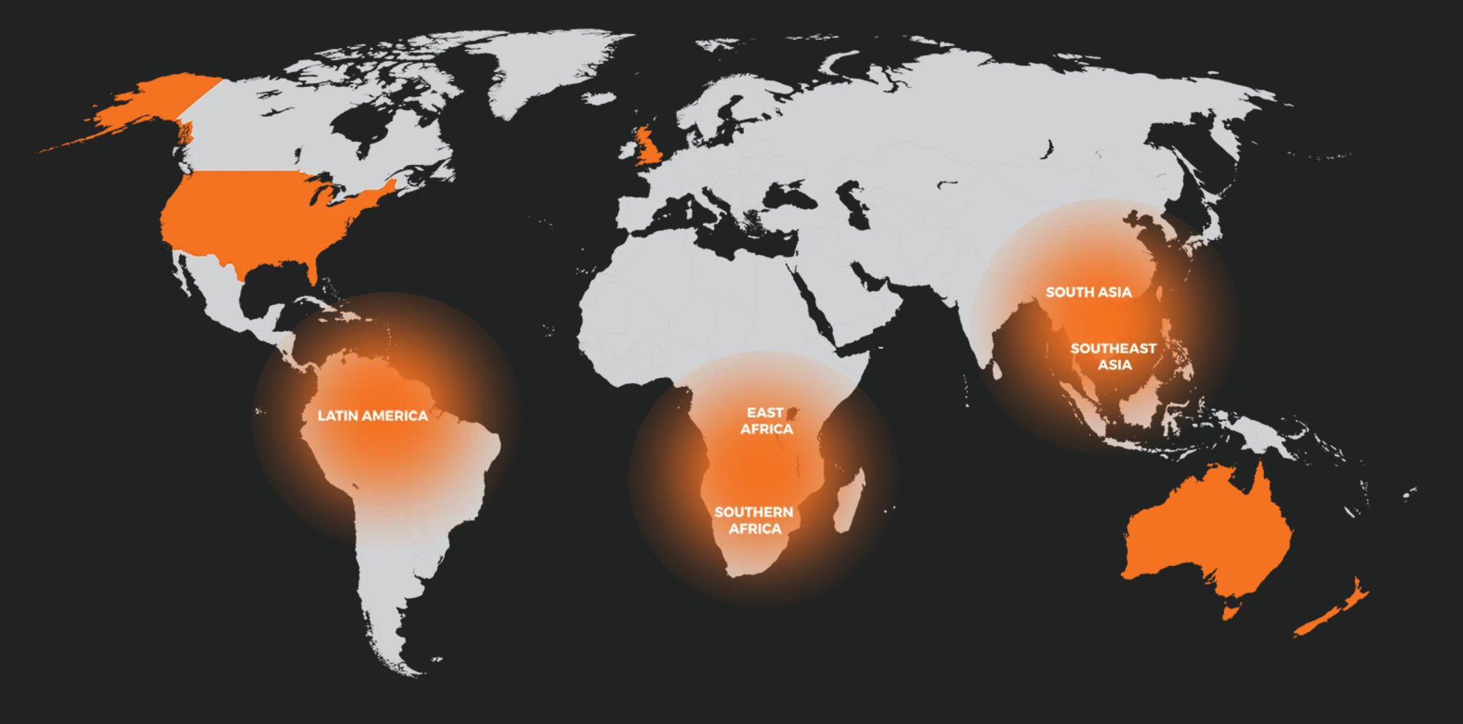 World map highlighting Destiny Rescue program regions — Latin America, East Africa, Southern Africa, South Asia and Southeast Asia — and fundraising offices in the United States, United Kingdom, Australia and New Zealand.